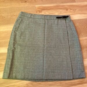 L L Bean Classic Fit cotton Twill skirt size 16 beige brown turquoise plaid